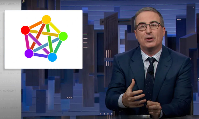 john oliver talking with a graphic displaying the fediverse logo