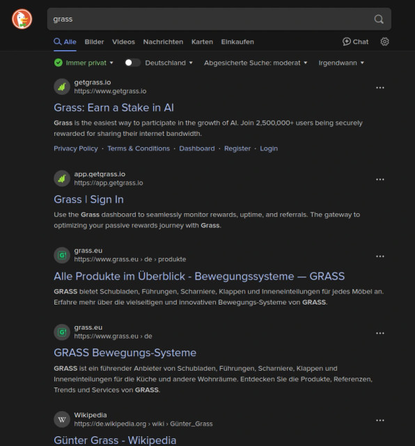 DuckDuckGo search for grass with techbro bullshit at the top and the search engines first interesting result being a page on Wikipedia on Günther Grass.