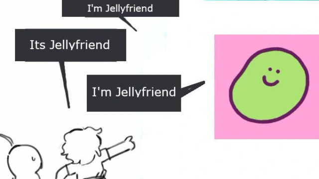The 'Not what im called' meme; Jellyfriend is to the right, introducing themselves saying 'i'm jelltfriend' a small group of people in the foreground to the left point and say 'Its Jellyfriend', to which Jellyfriend replies 'I'm Jellyfriend'

this deconstructs the 'not what im called' premise, essentially the unstoppable force of current hot meme formatting meeting the immovable object of Jellyfriend's IMMACULATE branding. 