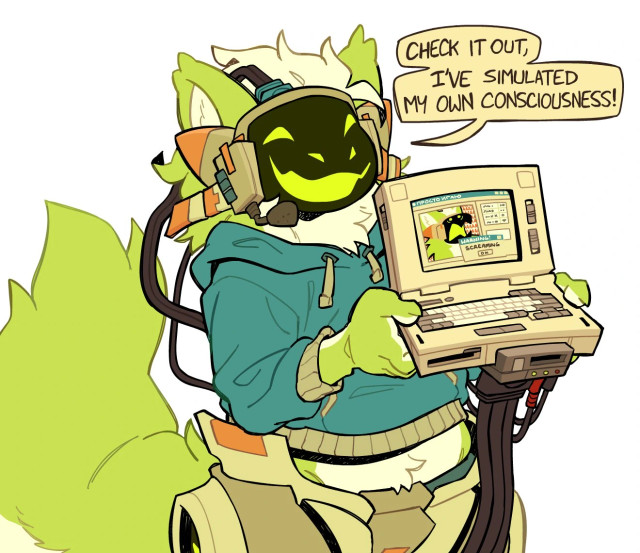 A drawing by @raymoldy. An anthro creature is holding up a laptop and excitedly telling the viewer "check it out, I've simulated my own consciousness!"

On the laptop screen is an image of that creature screaming, accompanied by a popup box that says "Screaming [OK]"