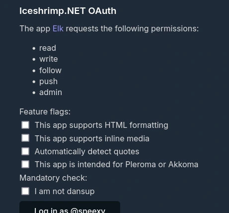 screenshot of an iceshrimp.net oauth screen showing confirmation for me logging into a client with a new "Mandatory check" and a new checkbox reading "I am not dansup"