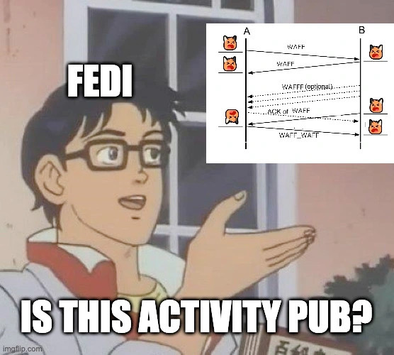An instance of the "is this a pigeon" meme, with the butterfly replaced with the above diagram, the person labelled as "fedi", and the question being "is this activity pub".